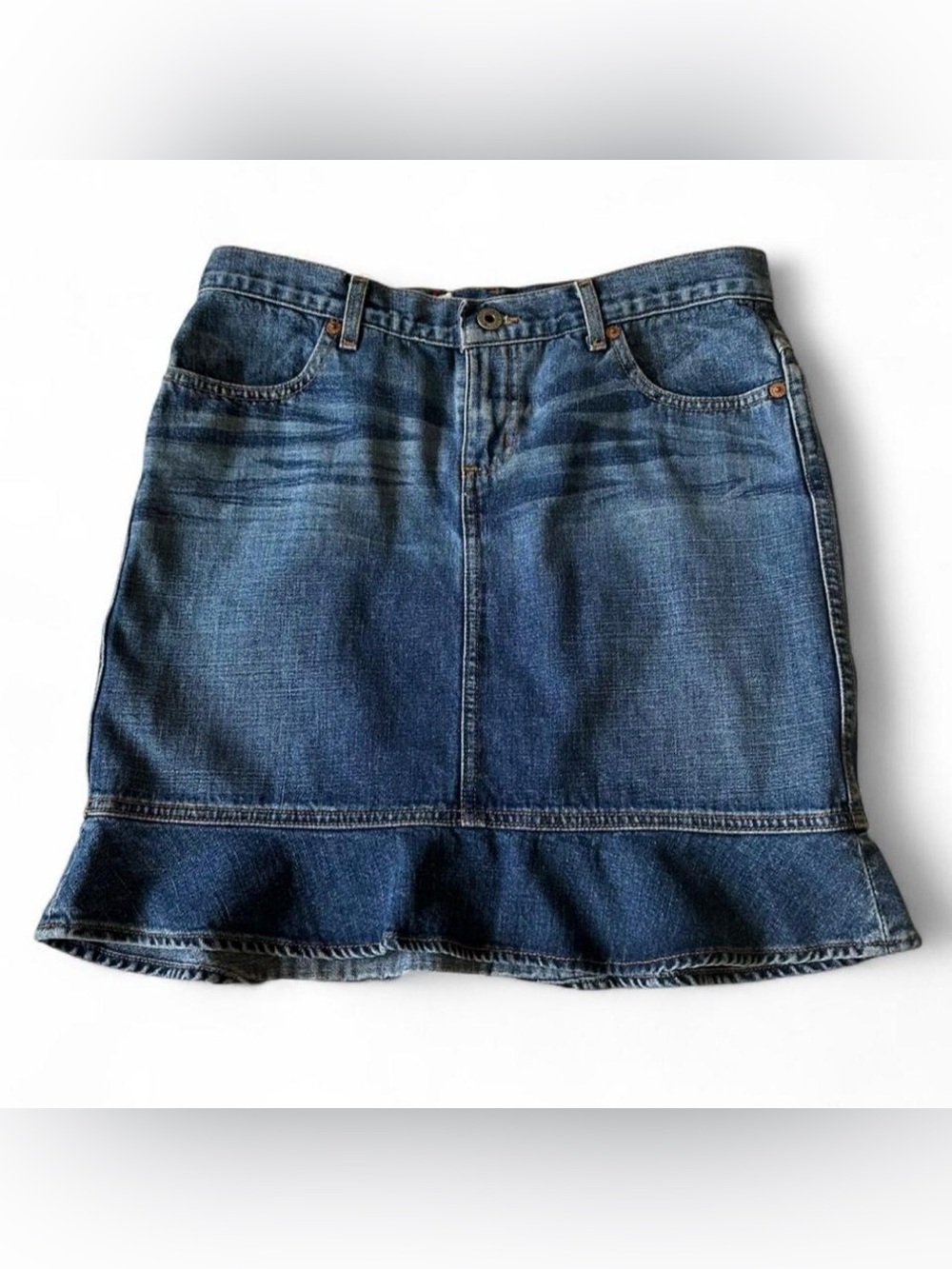 Vintage 90’s Y2K Guess Blue Denim Skirt with Ruffle Hem & Red Label Cotton Sz 29